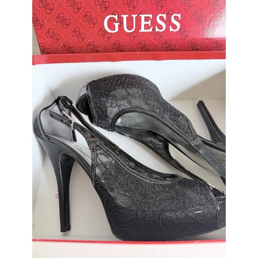 Guess Black Lace Slingback Platform Heels Peep Toe Stiletto High Shoes